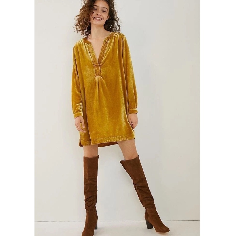 New Anthropologie Melody Mustard Velvet Tunic Dress‎ Long Sleeve Side Pockets